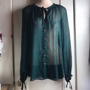 Maeve Black/Green Chevron Sheet Tie-bow Blouse M